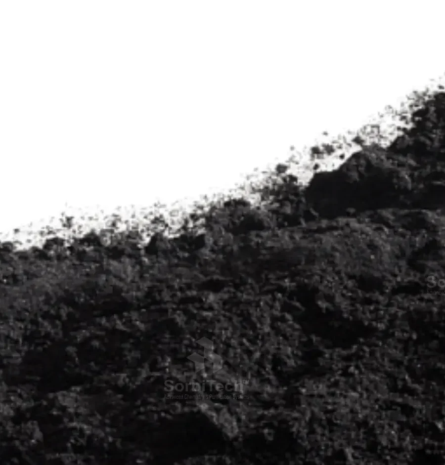 Powder activated carbon close-up showing fine black particles