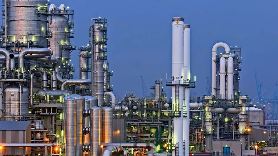 Petrochemical refinery complex at dusk with distillation columns and cooling towers, typical of the Jubail, Ruwais and Sohar clusters where activated carbon protects the plant process water at dechlorination, boiler feed, and cooling loop points