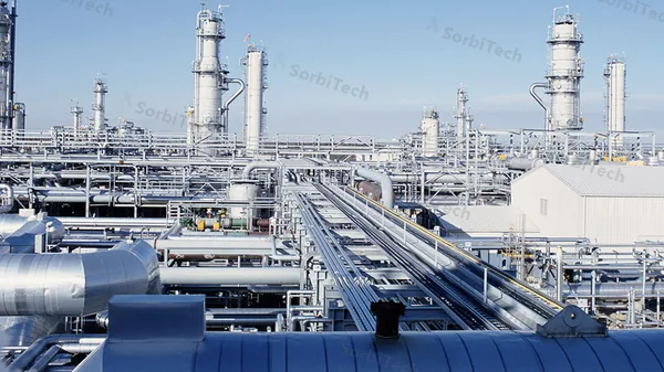 Industrial natural gas processing plant with distillation towers and interconnected piping, where activated carbon systems catch VOCs under permit compliance limits