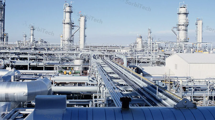 Large industrial natural gas processing plant with distillation towers and interconnected piping, where activated carbon systems catch volatile organic compounds before they reach the vent stack under permit compliance limits