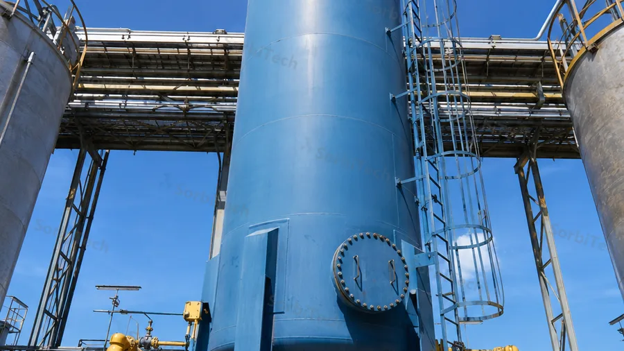 Illustrated mercury guard bed containing impregnated activated carbon, the vessel geometry used at natural gas processing trains to hold elemental mercury by chemisorption on KI or sulphur loadings