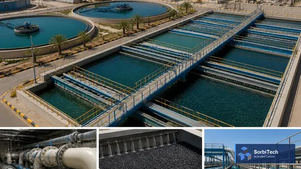 Municipal water treatment plant in the Middle East showing settling basins, activated carbon filter media, and finished water distribution