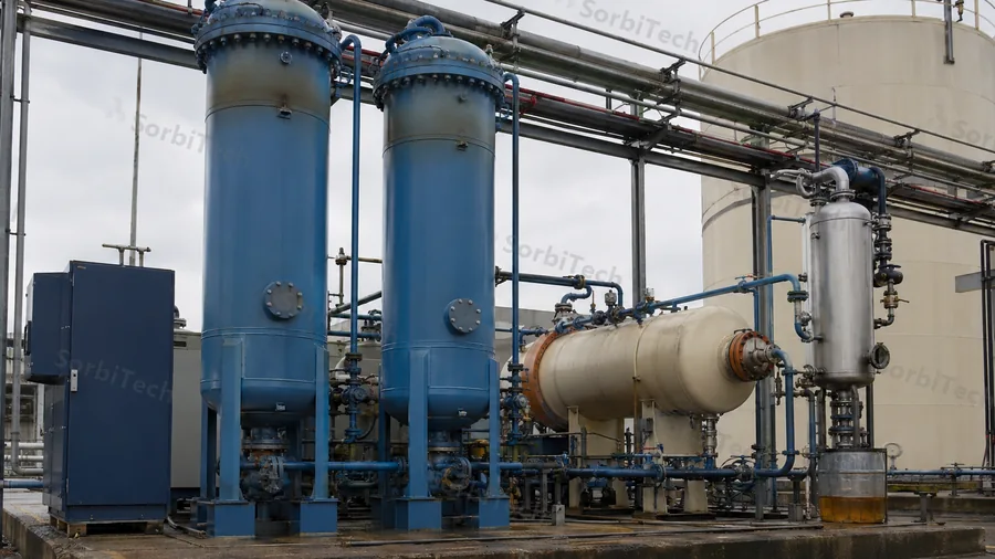 Illustrated activated carbon vapour recovery unit with twin adsorber vessels, steam desorption path, condenser and decanter, matching the closed loop solvent recovery layout used at printing, coating, and specialty chemical facilities
