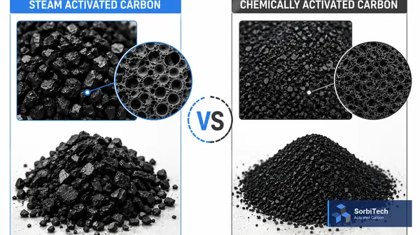 Steam activated carbon compared to chemically activated carbon showing granular and powdered structures side by side